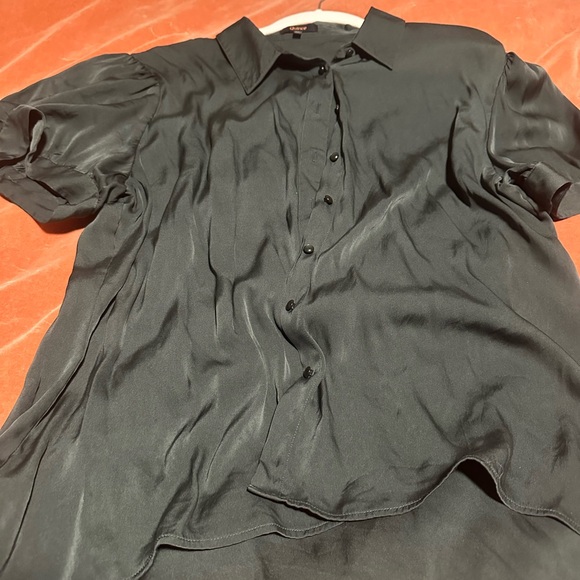 Washable Silk Puff Sleeve Forest Green Women's Top - Picture 2 of 3